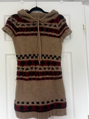 Chunky Hooded Knit Tunic Dress in Tan with Red & Black Accents